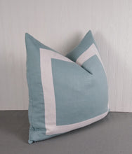 Load image into Gallery viewer, Blue Pillow Cover Light Blue with White Mitered Band 18x18 20x20 22x22 24x24 26x26
