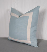 Load image into Gallery viewer, Blue Pillow Cover Light Blue with White Mitered Band 18x18 20x20 22x22 24x24 26x26
