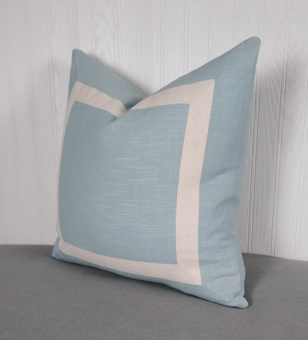 Blue Pillow Cover Light Blue with White Mitered Band 18x18 20x20 22x22 24x24 26x26