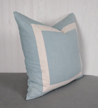 Load image into Gallery viewer, Blue Pillow Cover Light Blue with White Mitered Band 18x18 20x20 22x22 24x24 26x26
