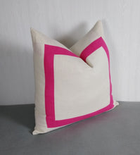 Load image into Gallery viewer, Ivory White Pillow Cover with Fuchsia Pink Mitered Band 18x18 20x20 22x22 24x24 MADE TO ORDER
