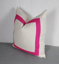 Load image into Gallery viewer, Ivory White Pillow Cover with Fuchsia Pink Mitered Band 18x18 20x20 22x22 24x24 MADE TO ORDER
