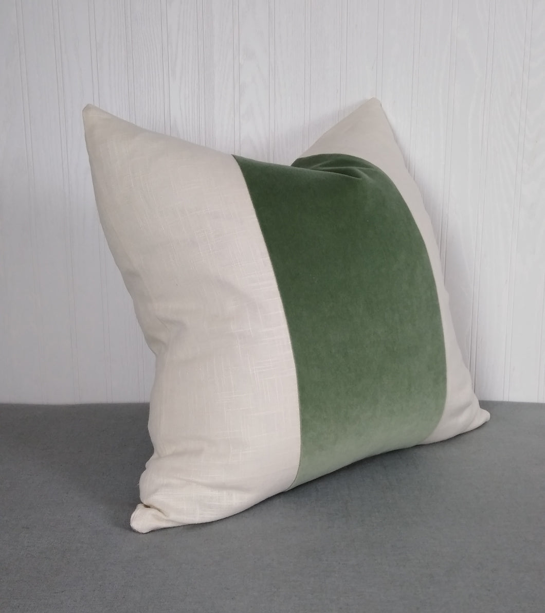 Green Pillow Cover Velvet Sage Eucalyptus with Linen Rayon White or Ivory Panels 18x18 20x20 22x22 24x24 MADE TO ORDER