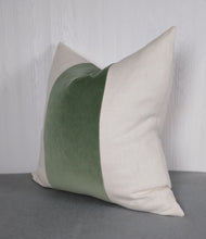 Load image into Gallery viewer, Green Pillow Cover Velvet Sage Eucalyptus with Linen Rayon White or Ivory Panels 18x18 20x20 22x22 24x24 MADE TO ORDER
