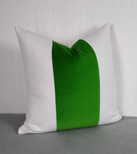 Load image into Gallery viewer, Green Velvet Pillow Cover Tri-Panel Color Block Kelly White or Ivory 18x18 20x20 22x22
