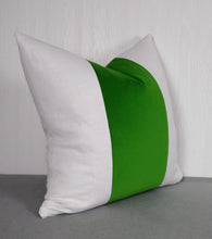 Load image into Gallery viewer, Green Velvet Pillow Cover Tri-Panel Color Block Kelly White or Ivory 18x18 20x20 22x22
