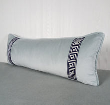 Load image into Gallery viewer, Light Blue Pillow Cover Velvet with Greek Key Trim FREE PIPING 18x18 20x20 22x22 24x24 13X20 14X22 14x30 16x26
