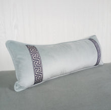 Load image into Gallery viewer, Light Blue Pillow Cover Velvet with Greek Key Trim FREE PIPING 18x18 20x20 22x22 24x24 13X20 14X22 14x30 16x26
