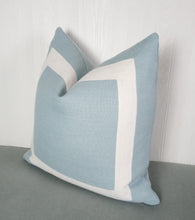 Load image into Gallery viewer, Light Blue Pillow Cover with Ivory Mitered Band 18x18 20x20 22x22 24x24 26x26 MADE TO ORDER
