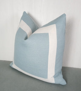 Light Blue Pillow Cover with Ivory Mitered Band 18x18 20x20 22x22 24x24 26x26 MADE TO ORDER