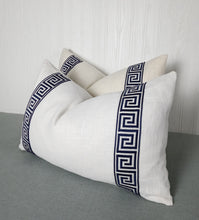 Load image into Gallery viewer, White Pillow Cover Linen Rayon with Greek Key Trim Detail FREE PIPING 13x20 14x22 14x30 14x36 Lumbar Made To Order
