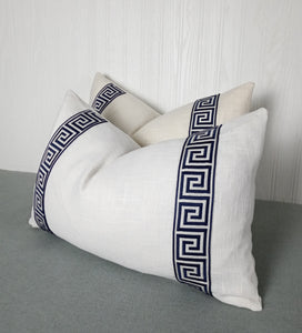 White Pillow Cover Linen Rayon with Greek Key Trim Detail FREE PIPING 13x20 14x22 14x30 14x36 Lumbar Made To Order