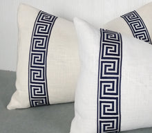 Load image into Gallery viewer, White Pillow Cover Linen Rayon with Greek Key Trim Detail FREE PIPING 13x20 14x22 14x30 14x36 Lumbar Made To Order
