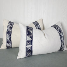 Load image into Gallery viewer, White Pillow Cover Linen Rayon with Greek Key Trim Detail FREE PIPING 13x20 14x22 14x30 14x36 Lumbar Made To Order
