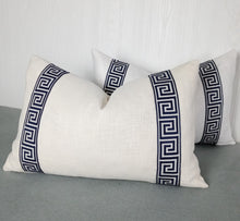 Load image into Gallery viewer, White Pillow Cover Linen Rayon with Greek Key Trim Detail FREE PIPING 13x20 14x22 14x30 14x36 Lumbar Made To Order
