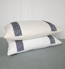 Load image into Gallery viewer, White Pillow Cover Linen Rayon with Greek Key Trim Detail FREE PIPING 13x20 14x22 14x30 14x36 Lumbar Made To Order
