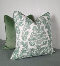 Load image into Gallery viewer, Green and White Pillow Cover Painterly Damask Sage Eucalyptus FREE PIPING 18x18 20x20 22x22 24x24 13x20 14x22
