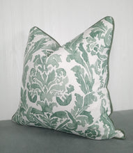 Load image into Gallery viewer, Green and White Pillow Cover Painterly Damask Sage Eucalyptus FREE PIPING 18x18 20x20 22x22 24x24 13x20 14x22
