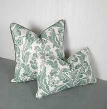 Load image into Gallery viewer, Green and White Pillow Cover Painterly Damask Sage Eucalyptus FREE PIPING 18x18 20x20 22x22 24x24 13x20 14x22
