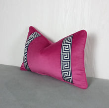 Load image into Gallery viewer, Pink Velvet Pillow Cover Fuchsia with Navy Blue Greek Key FREE PIPING 13X20 MADE TO ORDER
