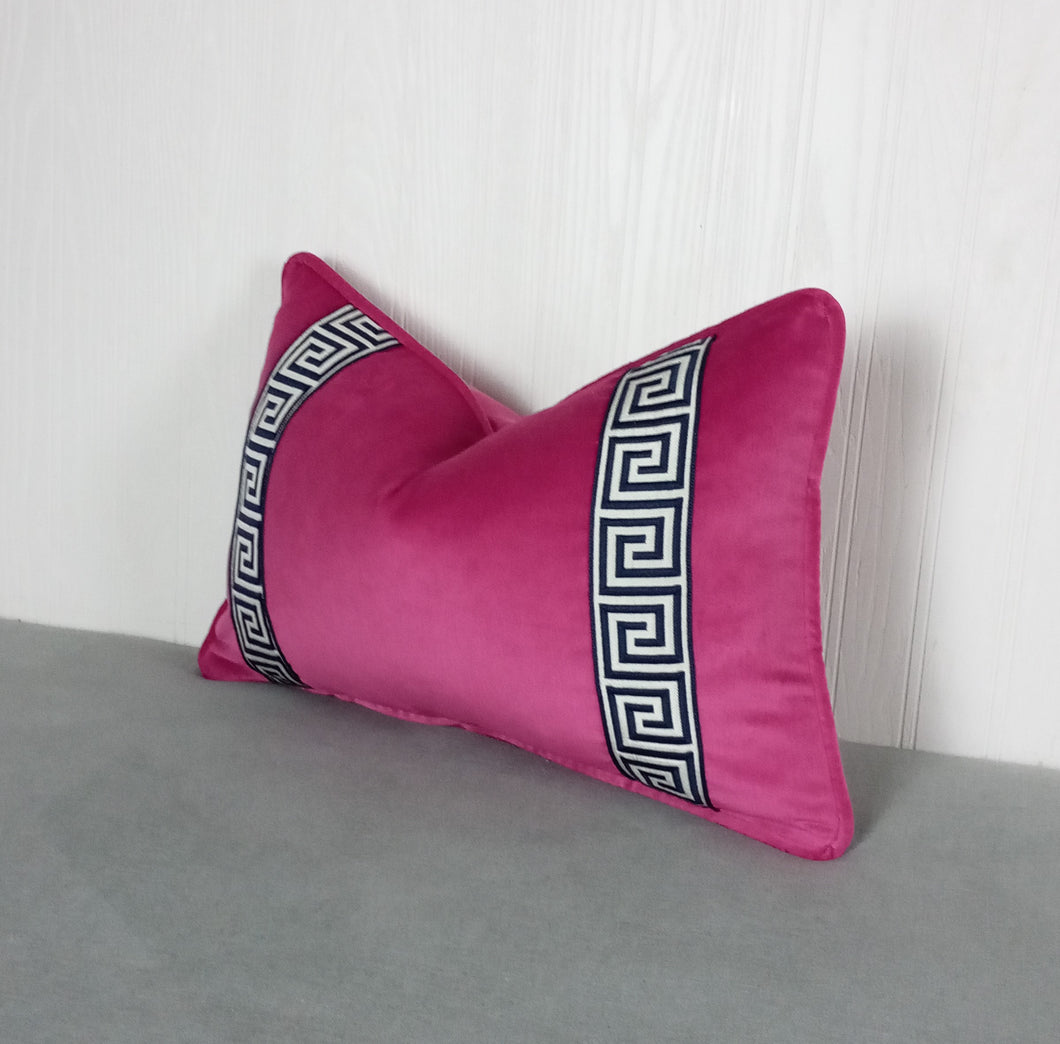 Pink Velvet Pillow Cover Fuchsia with Navy Blue Greek Key FREE PIPING 13X20 MADE TO ORDER