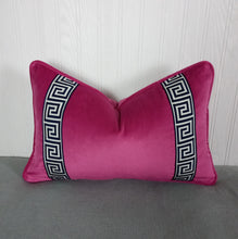 Load image into Gallery viewer, Pink Velvet Pillow Cover Fuchsia with Navy Blue Greek Key FREE PIPING 13X20 MADE TO ORDER
