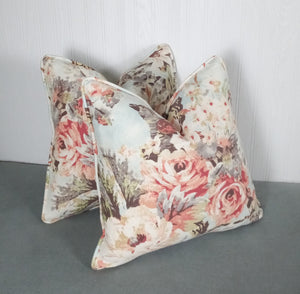 Floral Pillow Cover Peach Pink Blue Linen Rayon 18x18 with Piping ON SALE!