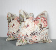 Load image into Gallery viewer, Floral Pillow Cover Peach Pink Blue Linen Rayon 18x18 with Piping ON SALE!
