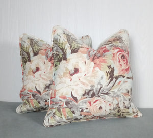 Floral Pillow Cover Peach Pink Blue Linen Rayon 18x18 with Piping ON SALE!