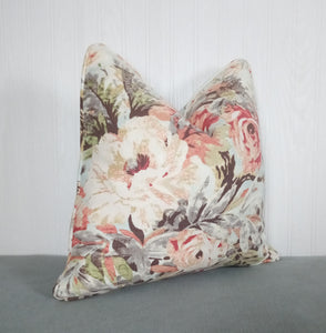 Floral Pillow Cover Peach Pink Blue Linen Rayon 18x18 with Piping ON SALE!