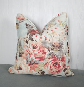 Floral Pillow Cover Peach Pink Blue Linen Rayon 18x18 with Piping ON SALE!