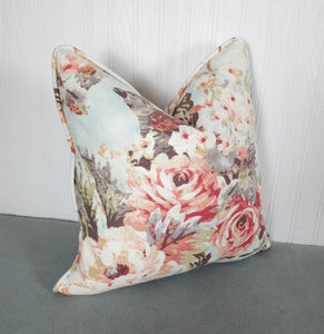 Floral Pillow Cover Peach Pink Blue Linen Rayon 18x18 with Piping ON SALE!