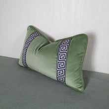 Load image into Gallery viewer, Green Velvet Pillow Cover Sage Eucalyptus with Greek Key Trim 13x20 14x22 18x18 20x20 22x22 24x24 MADE TO ORDER
