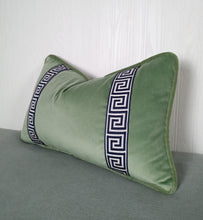 Load image into Gallery viewer, Green Velvet Pillow Cover Sage Eucalyptus with Greek Key Trim 13x20 14x22 18x18 20x20 22x22 24x24 MADE TO ORDER
