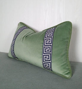 Green Velvet Pillow Cover Sage Eucalyptus with Greek Key Trim 13x20 14x22 18x18 20x20 22x22 24x24 MADE TO ORDER