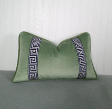 Load image into Gallery viewer, Green Velvet Pillow Cover Sage Eucalyptus with Greek Key Trim 13x20 14x22 18x18 20x20 22x22 24x24 MADE TO ORDER
