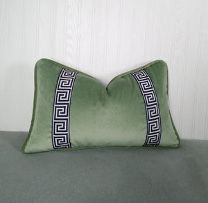 Green Velvet Pillow Cover Sage Eucalyptus with Greek Key Trim 13x20 14x22 18x18 20x20 22x22 24x24 MADE TO ORDER