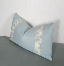 Load image into Gallery viewer, Light Blue Pillow Cover Greek Key Trim 18x18 20x20 22x22 24x24 13x20 14x22 14x30 Lumbar MADE TO ORDER
