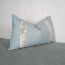 Load image into Gallery viewer, Light Blue Pillow Cover Greek Key Trim 18x18 20x20 22x22 24x24 13x20 14x22 14x30 Lumbar MADE TO ORDER
