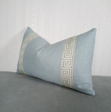 Load image into Gallery viewer, Light Blue Pillow Cover Greek Key Trim 18x18 20x20 22x22 24x24 13x20 14x22 14x30 Lumbar MADE TO ORDER
