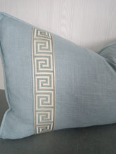 Load image into Gallery viewer, Light Blue Pillow Cover Greek Key Trim 18x18 20x20 22x22 24x24 13x20 14x22 14x30 Lumbar MADE TO ORDER
