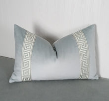 Load image into Gallery viewer, Light Blue Velvet Pillow Cover with Greek Key FREE PIPING 13x20 14x22 16x26 14x30 14x36 Lumbar 18x18 20x20 22x22 24x24Made To Order
