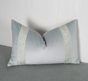 Light Blue Velvet Pillow Cover with Greek Key FREE PIPING 13x20 14x22 16x26 14x30 14x36 Lumbar 18x18 20x20 22x22 24x24Made To Order