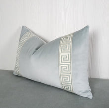 Load image into Gallery viewer, Light Blue Velvet Pillow Cover with Greek Key FREE PIPING 13x20 14x22 16x26 14x30 14x36 Lumbar 18x18 20x20 22x22 24x24Made To Order
