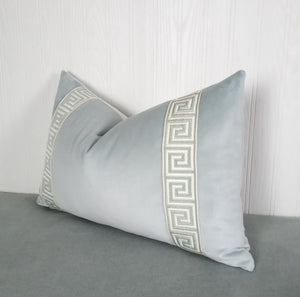 Light Blue Velvet Pillow Cover with Greek Key FREE PIPING 13x20 14x22 16x26 14x30 14x36 Lumbar 18x18 20x20 22x22 24x24Made To Order