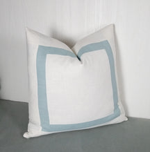 Load image into Gallery viewer, White Pillow Cover with Light Blue Mitered Band 18x18 20x20 22x22 24x24 26x26 MADE TO ORDER
