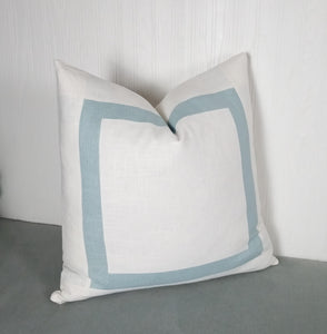 White Pillow Cover with Light Blue Mitered Band 18x18 20x20 22x22 24x24 26x26 MADE TO ORDER