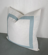 Load image into Gallery viewer, White Pillow Cover with Light Blue Mitered Band 18x18 20x20 22x22 24x24 26x26 MADE TO ORDER
