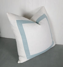 Load image into Gallery viewer, White Pillow Cover with Light Blue Mitered Band 18x18 20x20 22x22 24x24 26x26 MADE TO ORDER
