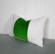 Load image into Gallery viewer, Green Velvet Pillow Cover Tri-Panel Color Block Kelly White or Ivory 18x18 20x20 22x22
